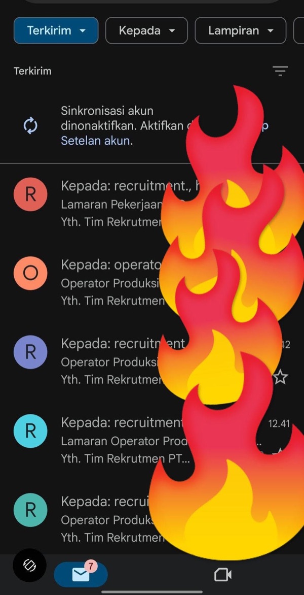 Folder Terkirim Gmail berisi lamaran Operator Produksi yang dikirim otomatis